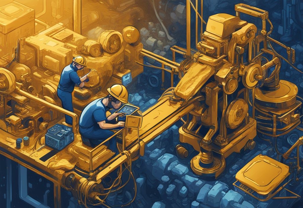 Moderner digitaler Gemäldeillustration eines Minenarbeiters, umgeben von fortschrittlicher Technologie, der den letzten goldenen Bitcoin aus einer digitalen Quelle extrahiert, Hauptfarbe Blau.