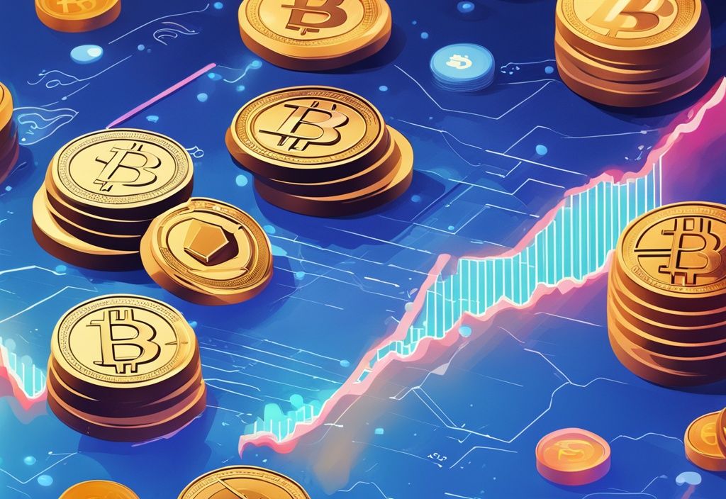 Moderne digitale Illustration mit blauem Farbschema, zeigt einen Stapel verschiedener Kryptowährungen mit einem Graphen, der einen Anstieg darstellt, symbolisiert das Konzept der Marktkapitalisierung in der Krypto-Welt.
