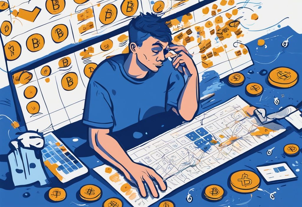 Digitale Illustration einer gestressten Person umgeben von Kryptowährungssymbolen, einem Kalender mit Steuerfristen und einem ausgefüllten Steuerformular, Hauptfarbe Blau