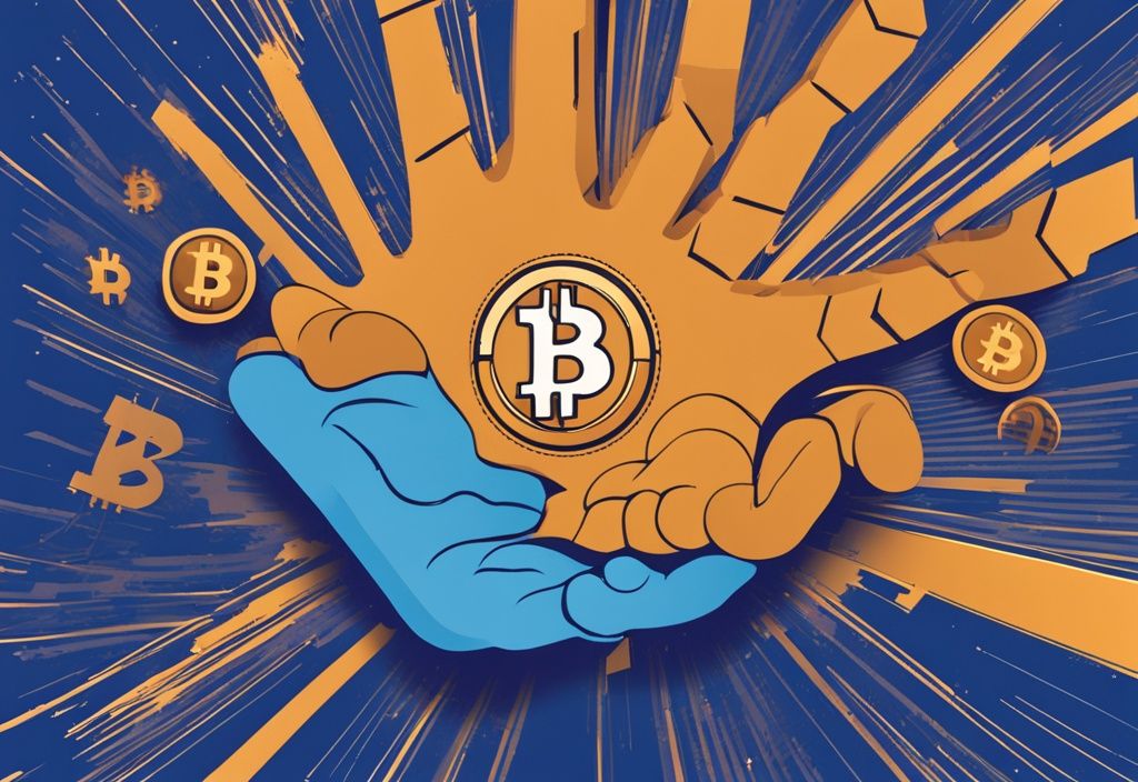 Moderne digitale Illustration eines Graphen mit Bitcoin-Hashrate-Schwankungen vor einem Hintergrund mit verschiedenen Kryptowährungssymbolen in Blau.