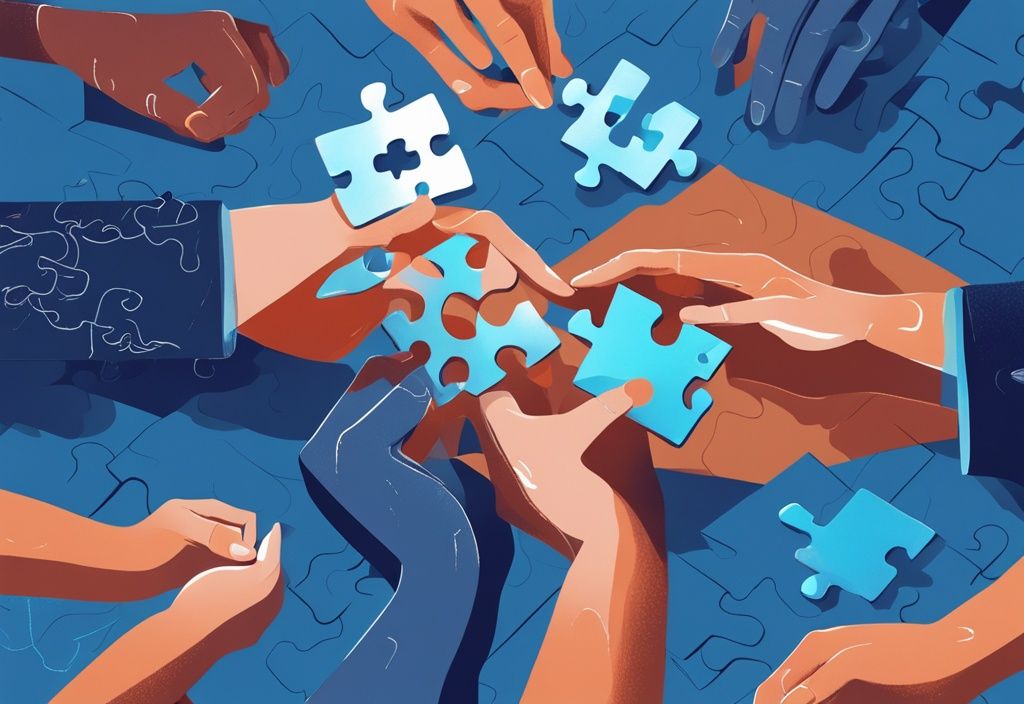 Moderne digitale Malerei mit blauen Farbtönen, diverse Hände setzen Puzzleteile mit Finanzsymbolen zusammen, Darstellung der kollaborativen und dezentralen Natur von DeFi