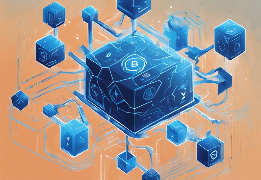 Moderne digitale Malerei, abstrakte Darstellung der Blockchain-Technologie, mit VanEck-Logo und Symbolen für Innovation und Kryptowährung, Hauptfarbe Blau