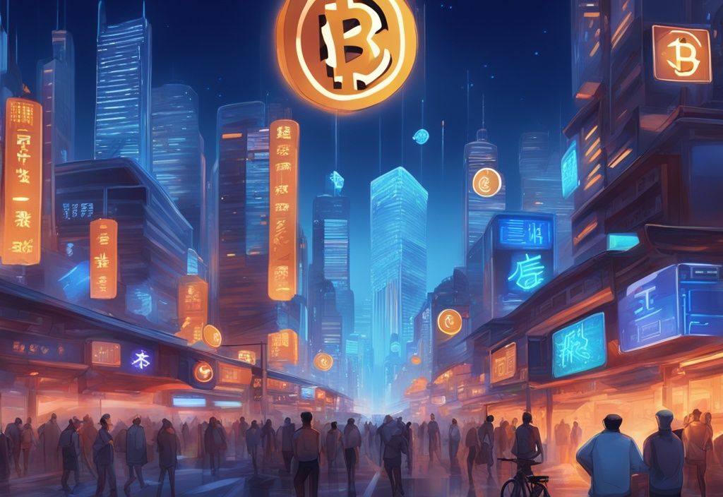 Moderne digitale Malerei einer geschäftigen chinesischen Stadtlandschaft bei Dämmerung mit leuchtenden holografischen Schildern, die verschiedene Kryptowährungen zeigen.