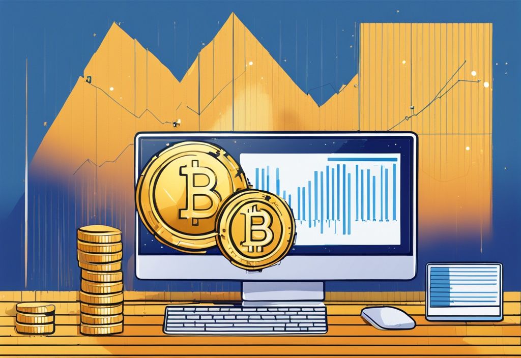 Moderne digitale Illustration mit blauem Farbschema, zeigt eine glänzende goldene Gram Coin auf einem aufwärts gerichteten Graphen und einen Desktop-Computer mit vereinfachtem Blockchain-Netzwerk, was ist Gram Coin.