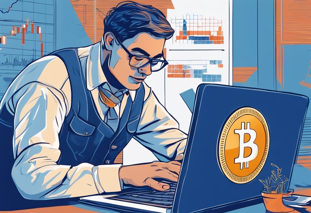 Person in traditioneller Schweizer Tracht untersucht Bitcoin-Münze vor Laptop mit Kryptowährungssteuerdiagrammen im Hintergrund.