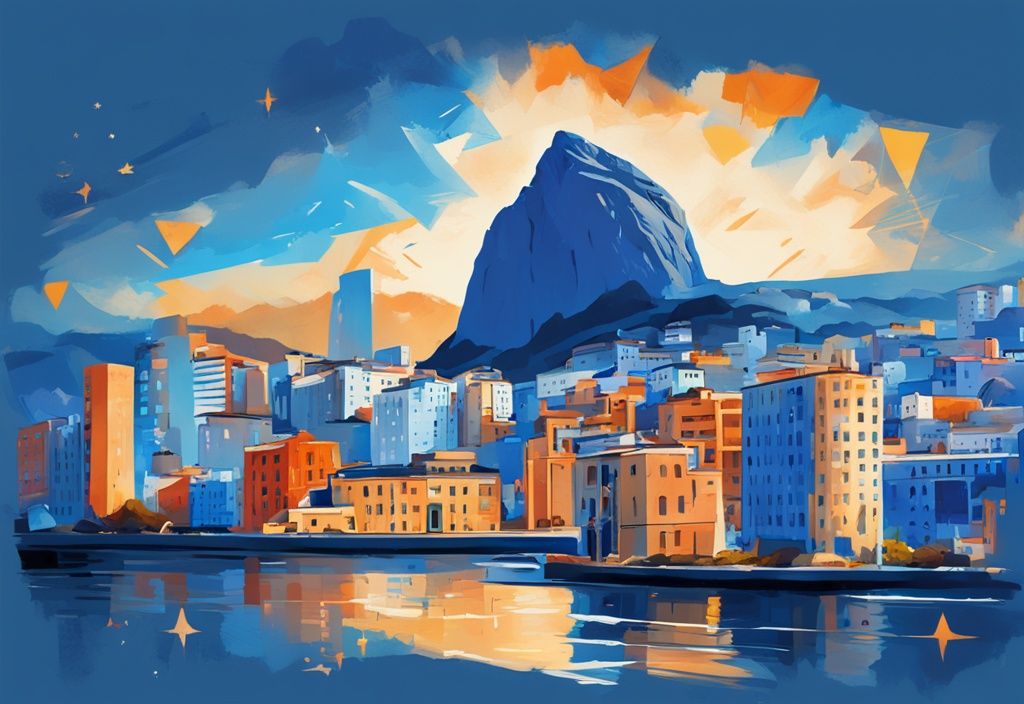 Moderne digitale Malerei, blaue Farbthematik, lebendige Stadtansicht von Gibraltar Rock, Symbole von Kryptowährungen und Steuersymbole.