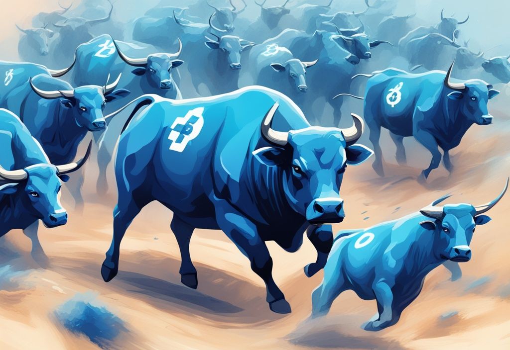 Moderne digitale Illustration eines Krypto Bullrun 2024 mit blauen Farbtönen, die eine Herde von Bullen zeigen, die zahlreiche Kryptowährungen repräsentieren und Kalender für das Jahr 2024 um sie herum schwebend.