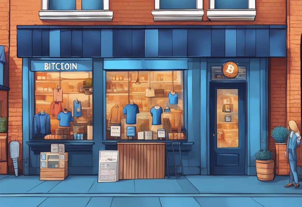 Moderne digitale Malerei mit blauem Farbschema, verschiedene Ladenfronten von Restaurants bis Bekleidungsgeschäften, alle mit Bitcoin-Zahlungsakzeptanzzeichen im Fenster.