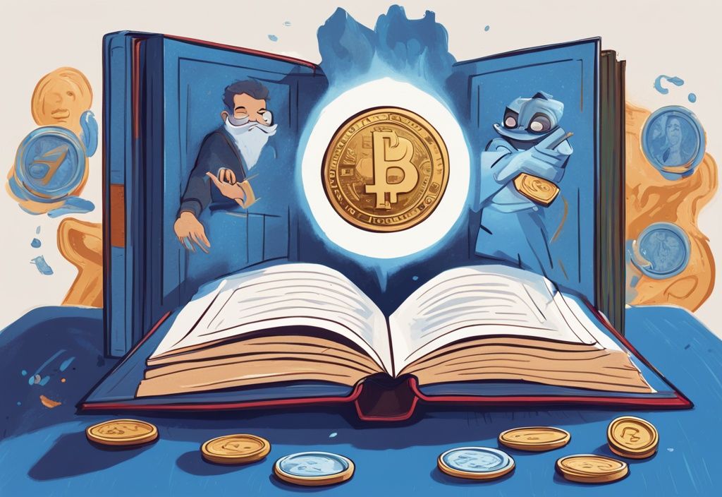 Moderne digitale Malerei mit blauem Farbschema, großes antikes Buch zeigt berühmte Memes, leuchtende digitale Münze mit Meme-Emblem im Zentrum des Buches. was ist Book of Meme Coin