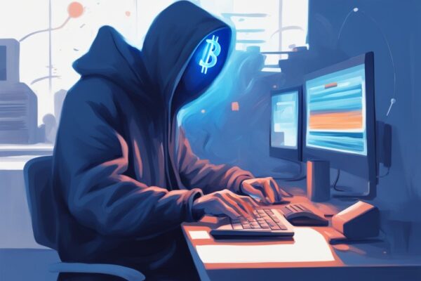Moderne digitale Malerei mit blauem Farbschema, geheimnisvolle Person arbeitet am Computer mit leuchtendem Bitcoin-Symbol auf dem Bildschirm, Satoshi Nakamoto