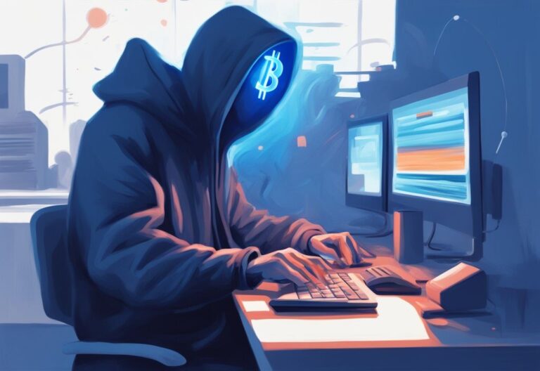 Moderne digitale Malerei mit blauem Farbschema, geheimnisvolle Person arbeitet am Computer mit leuchtendem Bitcoin-Symbol auf dem Bildschirm, Satoshi Nakamoto