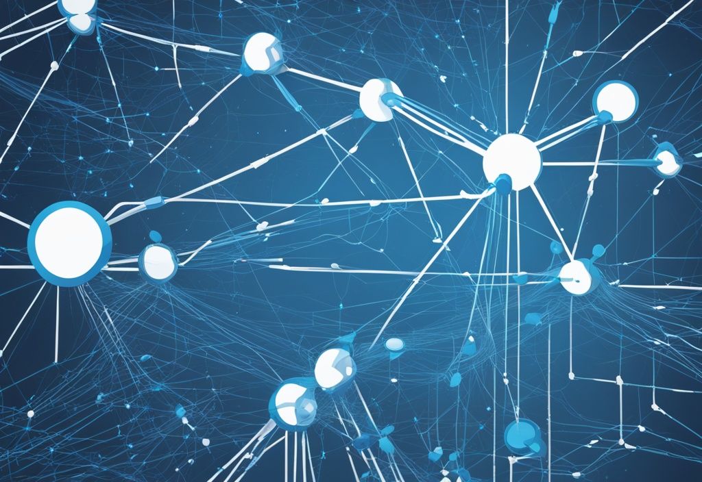 Moderne digitale Illustration in Blau, die Schichten von Netzwerkknoten und einem großen Bitcoin-Logo zeigt, welche die Komplexität und Größe der Bitcoin Blockchain darstellen; wie groß ist die Bitcoin Blockchain.