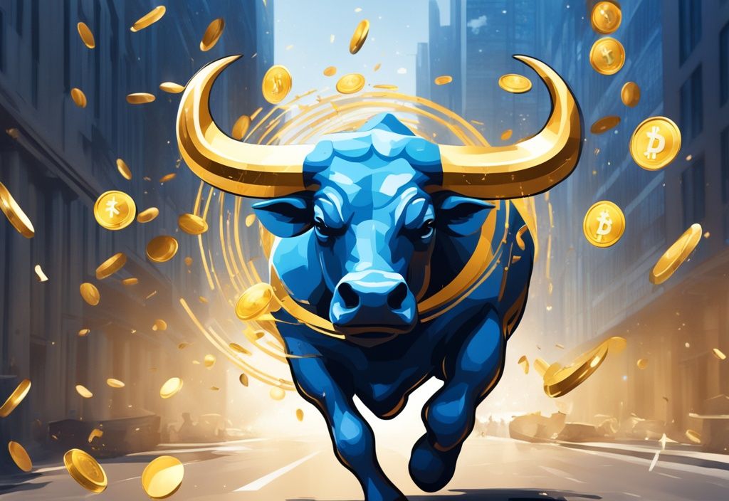 Moderne digitale Malerei eines triumphierenden Bullen auf einer Straße aus goldenen Kryptowährungsmünzen, umgeben von aufsteigenden digitalen Charts, die den Krypto-Bullenmarkt 2024 symbolisieren.