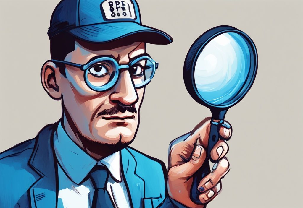 Moderne digitale Malerei mit blauem Farbschema, eine physische Darstellung eines NFTs wird von einem Karikatur-IRS-Agenten mit einer großen Lupe untersucht.