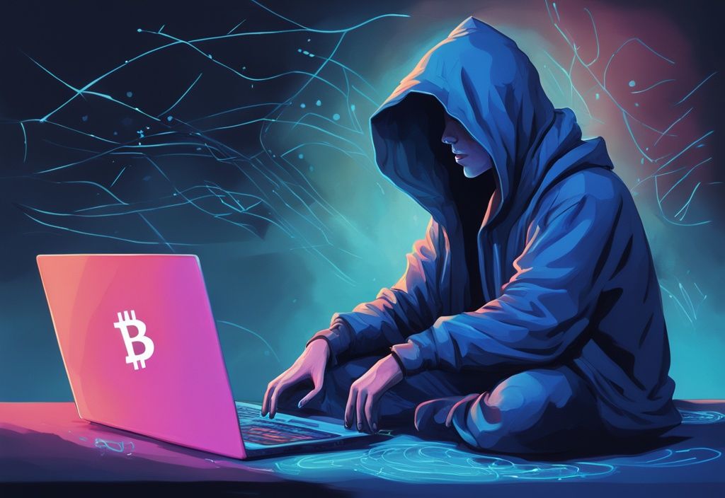Moderne digitale Malerei, geheimnisvolle Figur mit Kapuze hinter einem Laptop, leuchtendes Bitcoin-Symbol auf dem Bildschirm, digitale Fußspuren verblassen im dunklen Hintergrund, Hauptfarbthema Blau