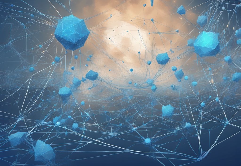 Moderne digitale Malerei mit blauem Farbschema, zeigt eine vernetzte Landschaft und eine große "3" mit Darstellungen von dezentralen Anwendungen und Kryptowährungen, symbolisiert Web3; was ist Web3.