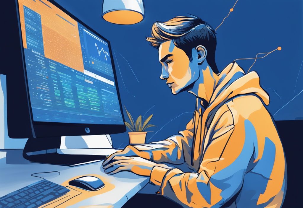 Moderne digitale Illustration eines nachdenklichen Individuums vor einem Computerbildschirm, der eine Kryptowährungsbörse zeigt, beim Online-Kauf von Kryptowährung, Hauptfarbe Blau.
