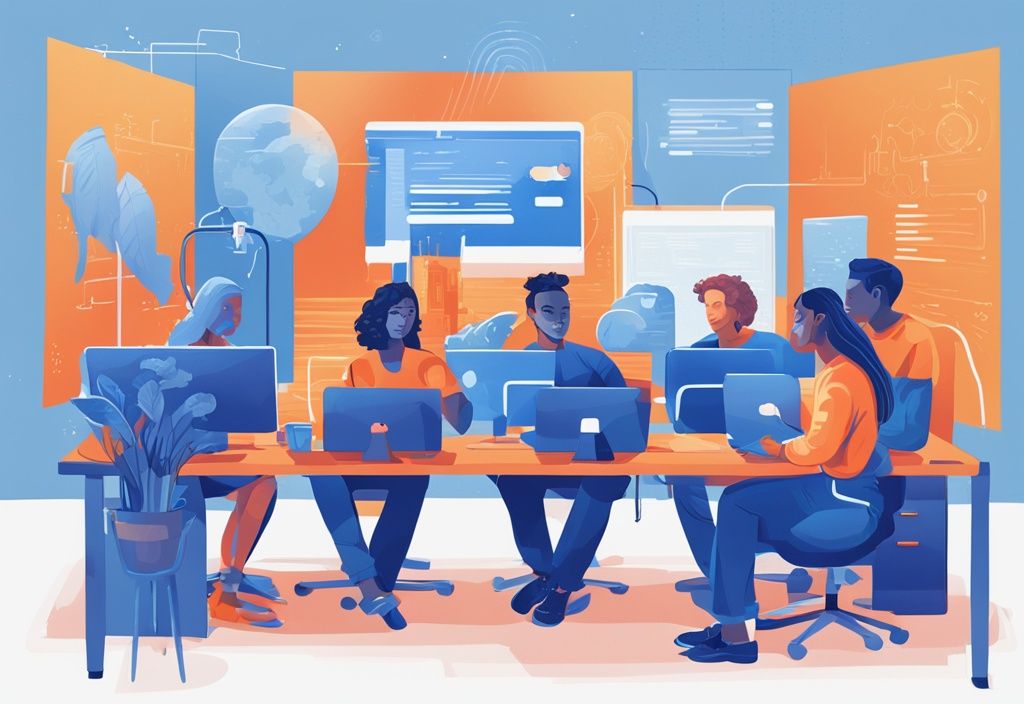 Digitale Illustration einer diversen Gruppe von Menschen, die vor ihren Bildschirmen Transaktionen durchführen und ihre BTC Direct Erfahrungen teilen, Hauptfarbe Blau.
