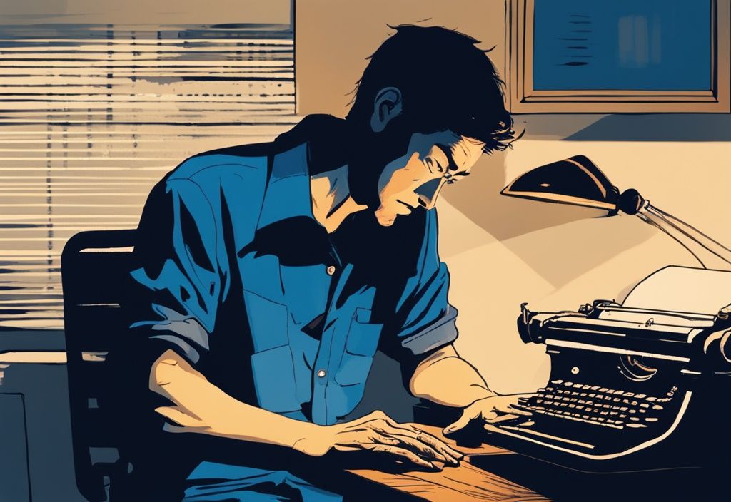 Moderne digitale Illustration in Blau mit einer Figur (Satoshi Nakamoto) an einem schwach beleuchteten Schreibtisch, die eine Nachricht auf einer alten Schreibmaschine tippt, mit dem hervorgehobenen Text "Die letzte Nachricht".