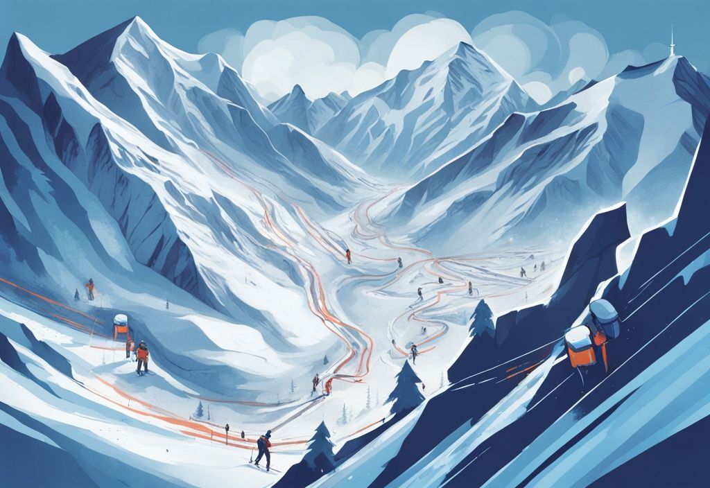 Moderne digitale Malerei einer verschneiten Berglandschaft mit Skifahrern, die digitale Geräte zur Lawinenvorhersage auf einer strategischen Kurskarte verwenden.