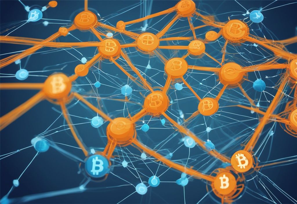 Moderne digitale Malerei mit blauem Farbschema, die ein Netzwerk von miteinander verbundenen Knoten zeigt, jeder mit einer Kopie der gesamten Bitcoin-Blockchain, was einen Full Node Bitcoin symbolisiert.