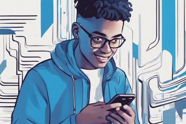 Junger moderner Mensch nutzt die Getquin App auf einem Smartphone und zeigt Zufriedenheit und Erfolg – Getquin Erfahrungen