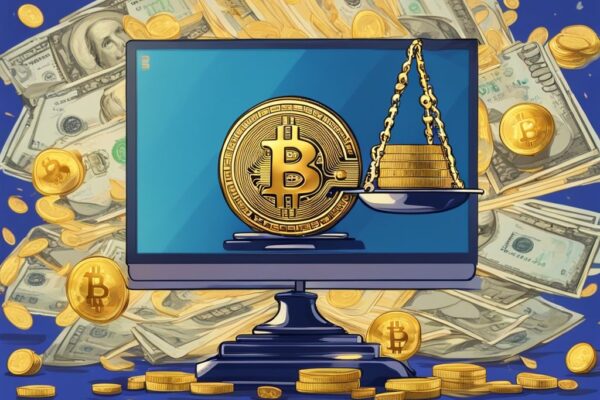 Moderne digitale Illustration in Blau mit einer goldenen Bitcoin-Münze auf einer Waage, die gegen einen Stapel Bargeld balanciert, symbolisiert die Bitcoin Transaktionsgebühren.