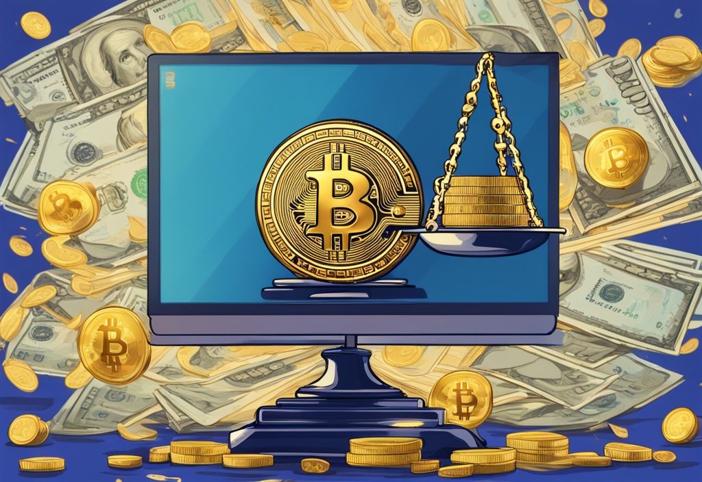 Moderne digitale Illustration in Blau mit einer goldenen Bitcoin-Münze auf einer Waage, die gegen einen Stapel Bargeld balanciert, symbolisiert die Bitcoin Transaktionsgebühren.