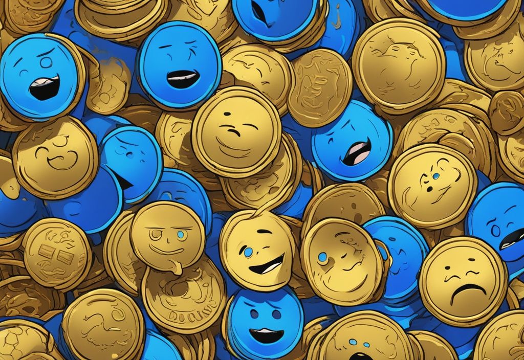 Moderne digitale Malerei mit blauem Farbschema, humorvoll übertriebener cartoonartiger Haufen goldener Münzen mit beliebten Meme-Gesichtern