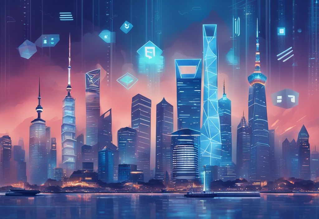 Moderne digitale Illustration mit blauem Farbschema, zeigt die Skyline von Shanghai, überlagert mit leuchtenden Ethereum-Münzen und Codeschnipseln, symbolisiert das Ethereum Shanghai Update.