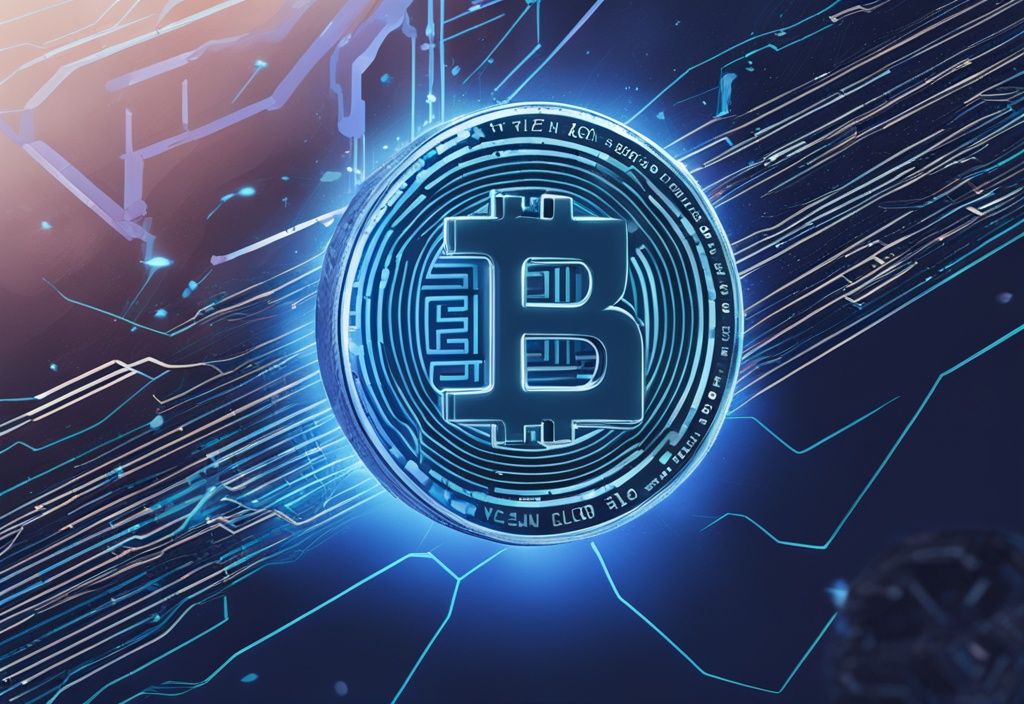 Moderne digitale Illustration mit blauem Farbschema, VeChain Coin zwischen Blockchain-Datenlinien