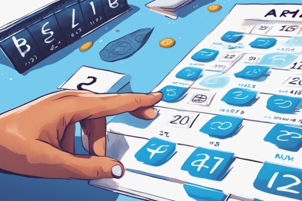 Nahaufnahme eines digitalen Kalenders mit verschiedenen Kryptowährungssymbolen und einer Hand, die Marker auf bestimmte Daten setzt oder entfernt, symbolisierend die Haltefrist Kryptowährungen.