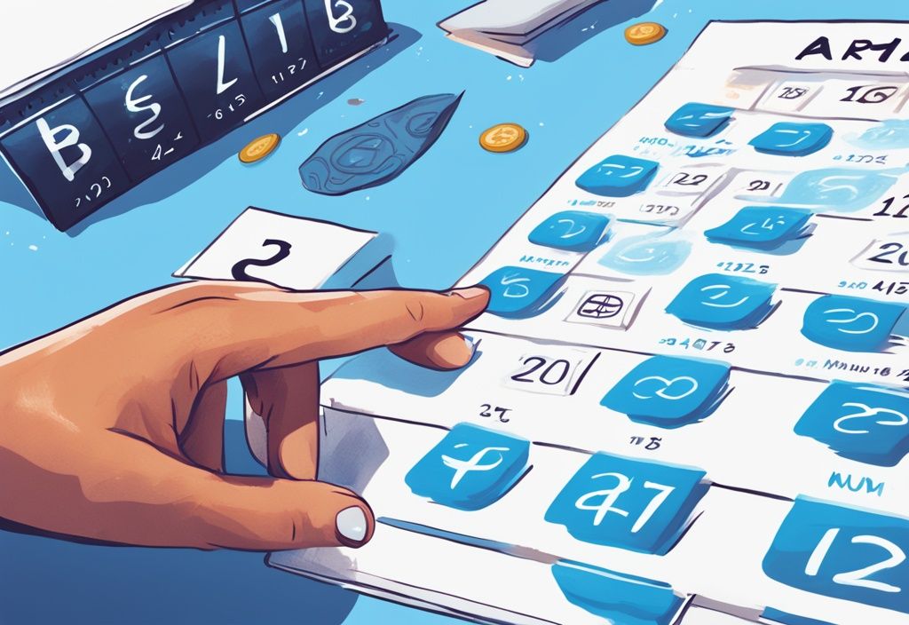 Nahaufnahme eines digitalen Kalenders mit verschiedenen Kryptowährungssymbolen und einer Hand, die Marker auf bestimmte Daten setzt oder entfernt, symbolisierend die Haltefrist Kryptowährungen.
