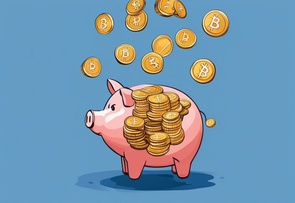 Digitale Illustration eines Sparschweins mit Kryptowährungsmünzen, die hineinfallen, und einem stetig wachsenden Stapel, Hauptfarbe Blau, Krypto Sparplan