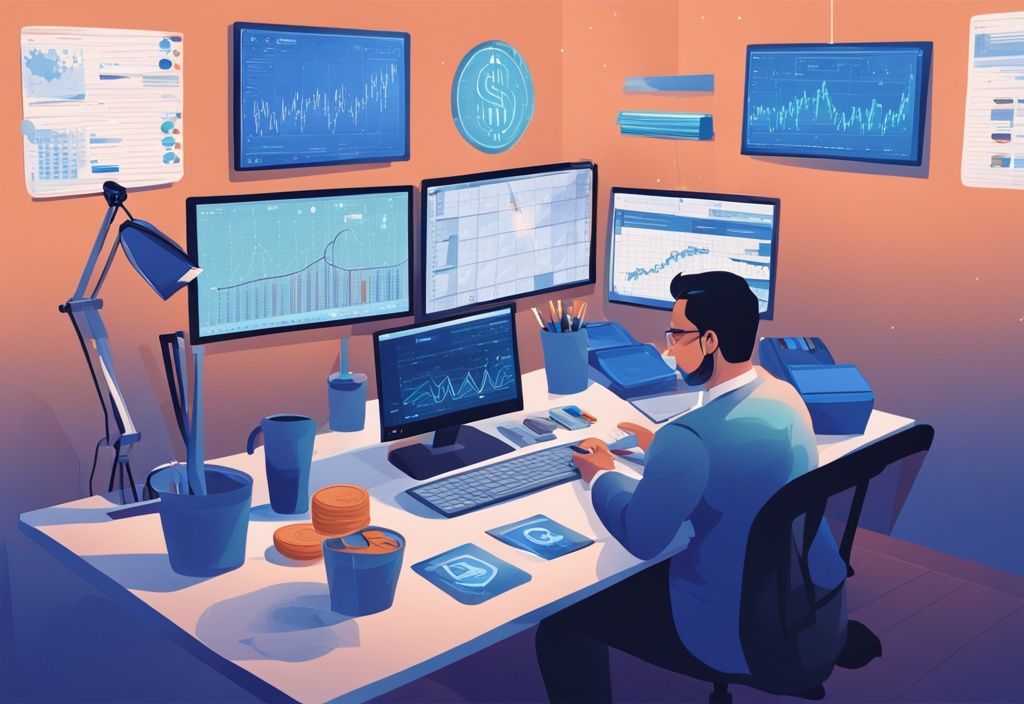 Berater am modernen Schreibtisch mit Bildschirmen, die Kryptowährungscharts zeigen, bespricht Steuerfragen mit besorgtem Kunden, digitale Illustration in Blau.
