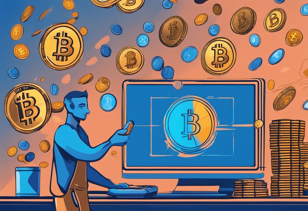 Digitale Illustration eines modernen Handels, bei dem eine Person physische Bitcoin-Münzen gegen Euro auf einer Währungsplattform am Computer tauscht, Hauptfarbthema Blau