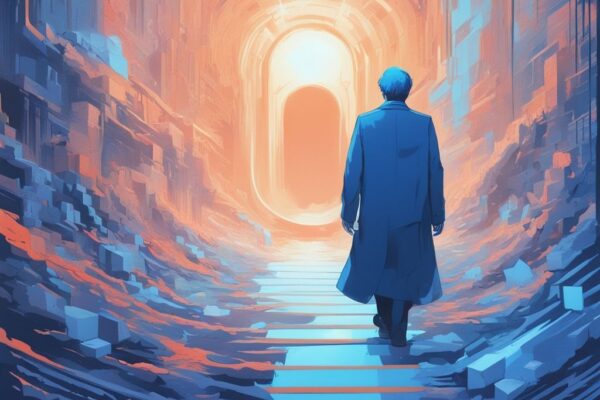 Moderne digitale Malerei mit blauer Farbgebung, die Satoshi Nakamoto darstellt, wie er in eine digitale Landschaft geht und eine leuchtende, kryptische Nachricht hinterlässt, Satoshi Nakamoto letzte Nachricht.