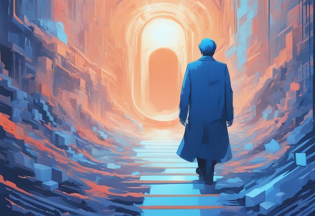 Moderne digitale Malerei mit blauer Farbgebung, die Satoshi Nakamoto darstellt, wie er in eine digitale Landschaft geht und eine leuchtende, kryptische Nachricht hinterlässt, Satoshi Nakamoto letzte Nachricht.
