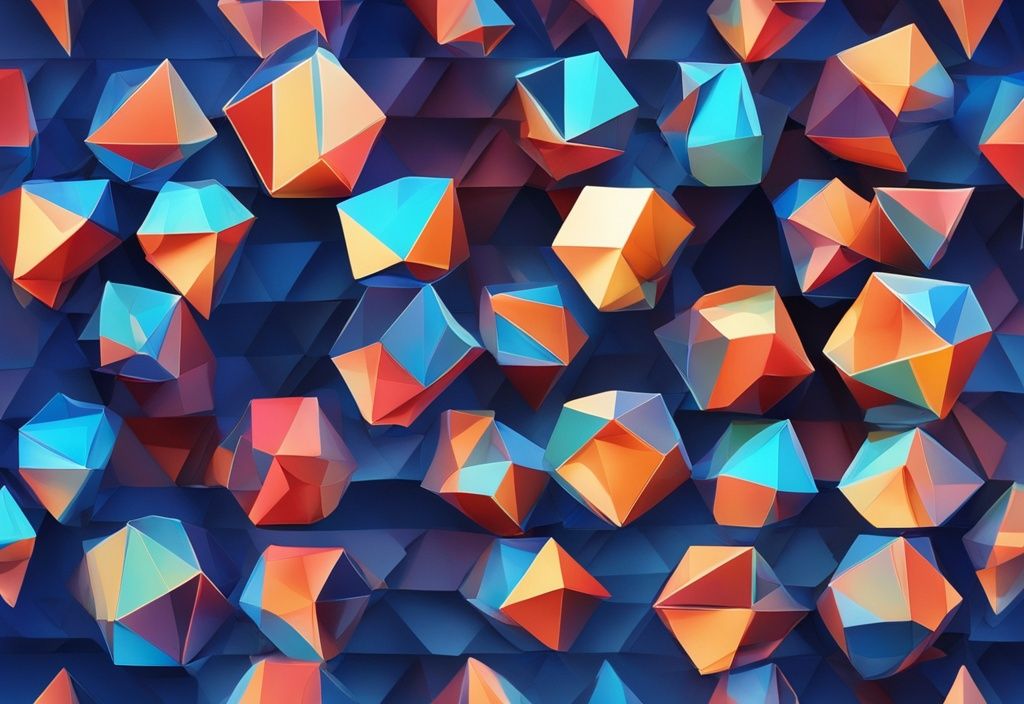 Moderne digitale Malerei mit blauen Farbtönen, bunte 3D-Polygone, die Trendlinien und Prognosen in einer dynamischen, abstrakten digitalen Welt darstellen.