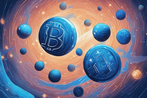 Ratgeber 2024: Welche Krypto kaufen für maximale Rendite? Moderne digitale Malerei mit blauem Farbschema, schwebende Kryptowährungen auf dem Weg zu einer eingravierten "2024" im sternenübersäten Hintergrund, welche Krypto kaufen 2024.