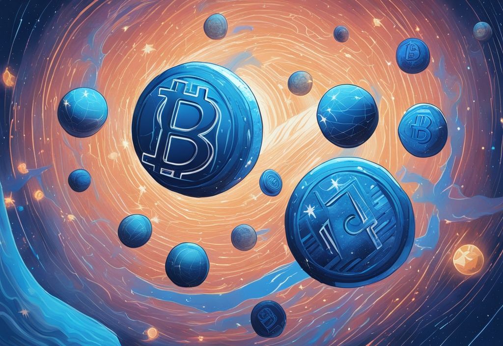 Moderne digitale Malerei mit blauem Farbschema, schwebende Kryptowährungen auf dem Weg zu einer eingravierten "2024" im sternenübersäten Hintergrund, welche Krypto kaufen 2024.