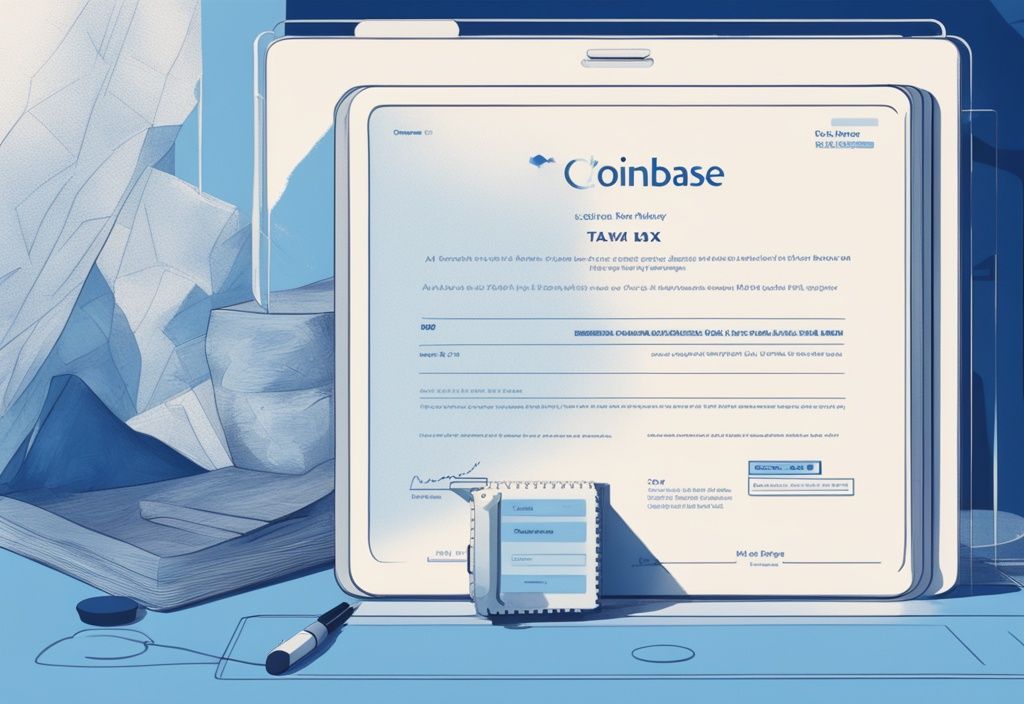 Moderne digitale Malerei mit blauem Farbschema, hervorgehobener Screenshot der Coinbase-Plattform mit Steuerbescheinigungsseite, zarte Linien und Hervorhebungen betonen wichtige Abschnitte.