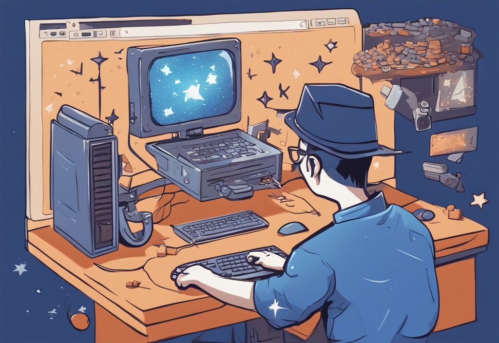 Moderner digitaler Gemäldeillustration eines nerdigen Charakters, der begeistert die Nerd Miner V2 Software auf seinem Computer bedient, umgeben von zahlreichen positiven Bewertungssternen, Hauptfarbthema Blau.