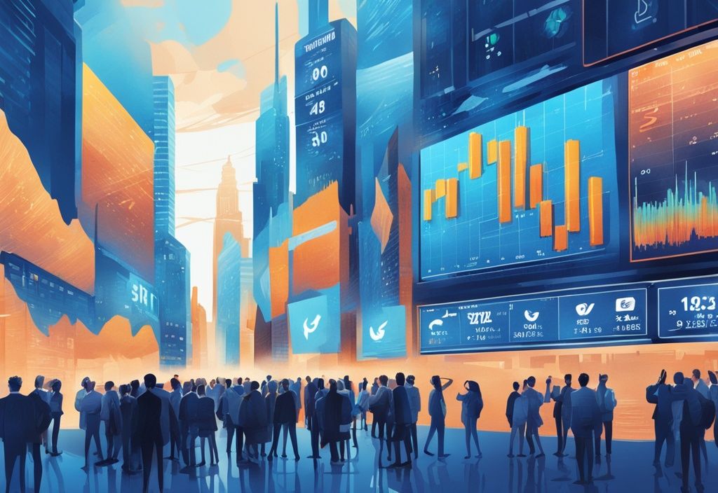 Moderne digitale Malerei einer belebten Wall Street-Szene mit einem großen Bildschirm, der schwankende Krypto- und Aktienmarktcharts zeigt, und diversen Investoren, die aufgeregt oder besorgt sind.