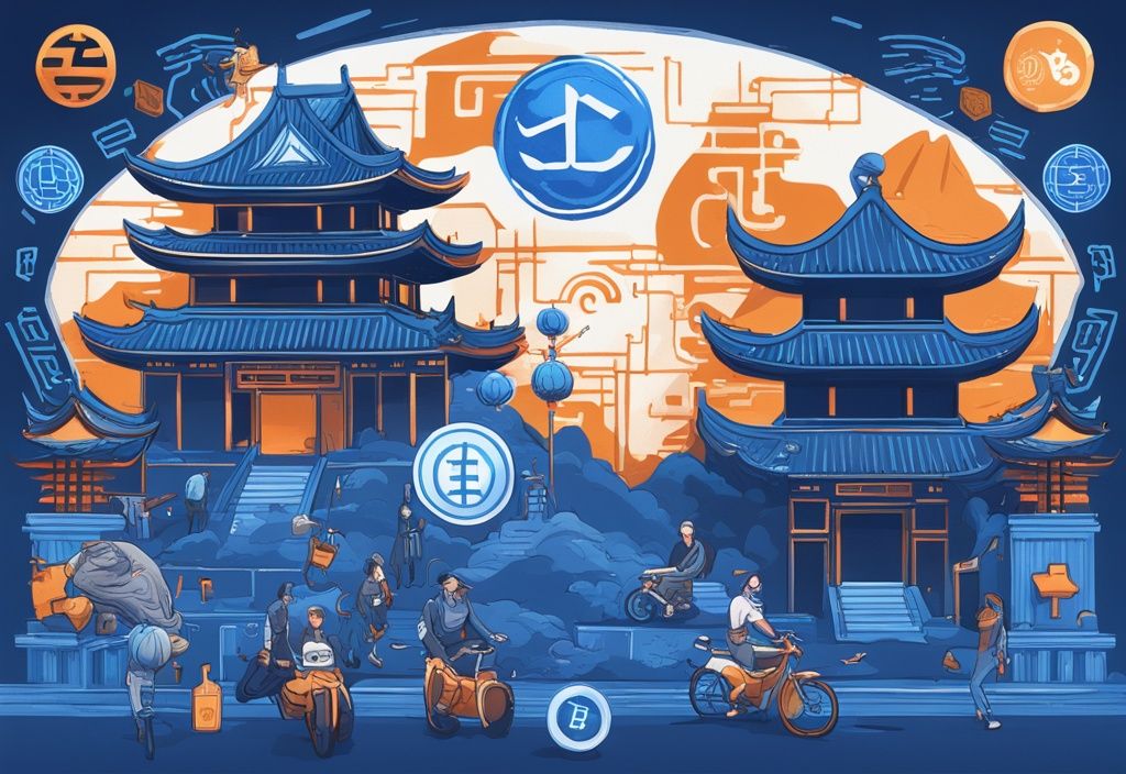 Moderne digitale Malerei mit blauen Farbtönen, chinesischen Wahrzeichen und Symbolen für Kryptowährungen wie Bitcoin, Ethereum und Litecoin.