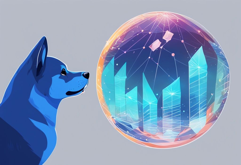 Spielerischer Shiba Inu Hund schaut selbstbewusst in eine Kristallkugel, die schwankende Kryptowährungsdiagramme widerspiegelt – Playdoge Prognose