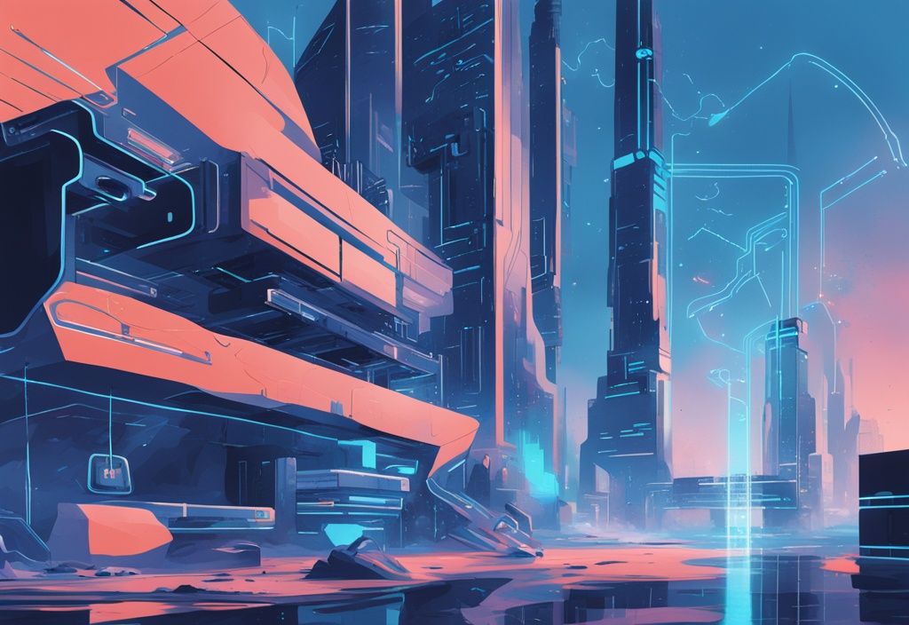 Futuristische Landschaft mit metallischen Gebäuden und großem digitalen Bildschirm, der DeFi-Symbole und Diagramme anzeigt.