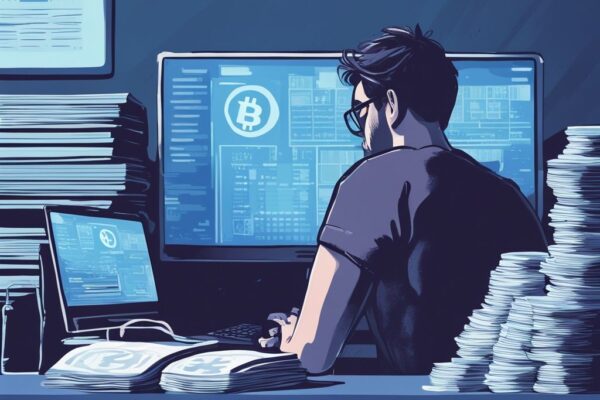 Muss man Krypto Verluste angeben? Detaillierter Leitfaden und Tipps! Moderne digitale Illustration eines verzweifelten Individuums, das auf einen Computerbildschirm mit fallenden Kryptowährungswerten neben einem Stapel Steuerformulare schaut, muss man Krypto Verluste angeben