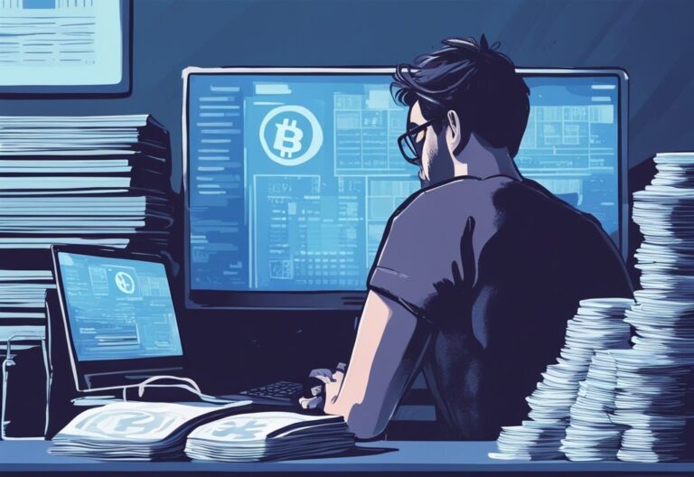 Moderne digitale Illustration eines verzweifelten Individuums, das auf einen Computerbildschirm mit fallenden Kryptowährungswerten neben einem Stapel Steuerformulare schaut, muss man Krypto Verluste angeben