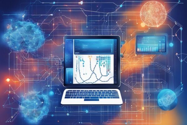 Moderne digitale Illustration eines Computerbildschirms mit einem lebendigen Blockchain-Netzwerk, das Ether Fi-Funktionalitäten symbolisiert, sowie Finanzdiagramme und Codezeilen. Schlüsselwort: was ist Ether Fi.